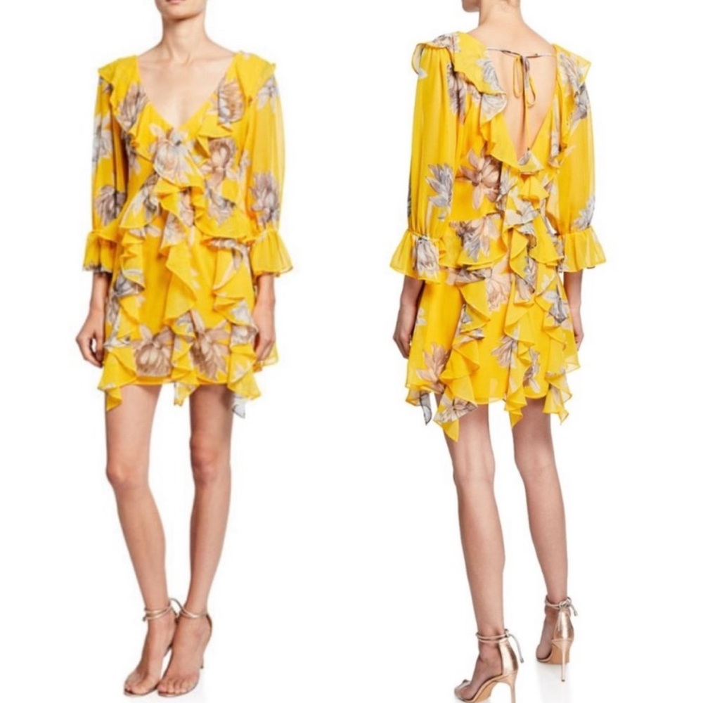 MISA Los Angeles Yellow Floral Ruffle Mini Dress Open Back V-Neck NWT‎ Size S